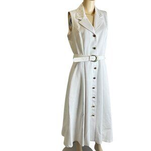 Vintage 80s White Button Down Midi Collared Sleeveless Dress Sz 14 Belted Studs
